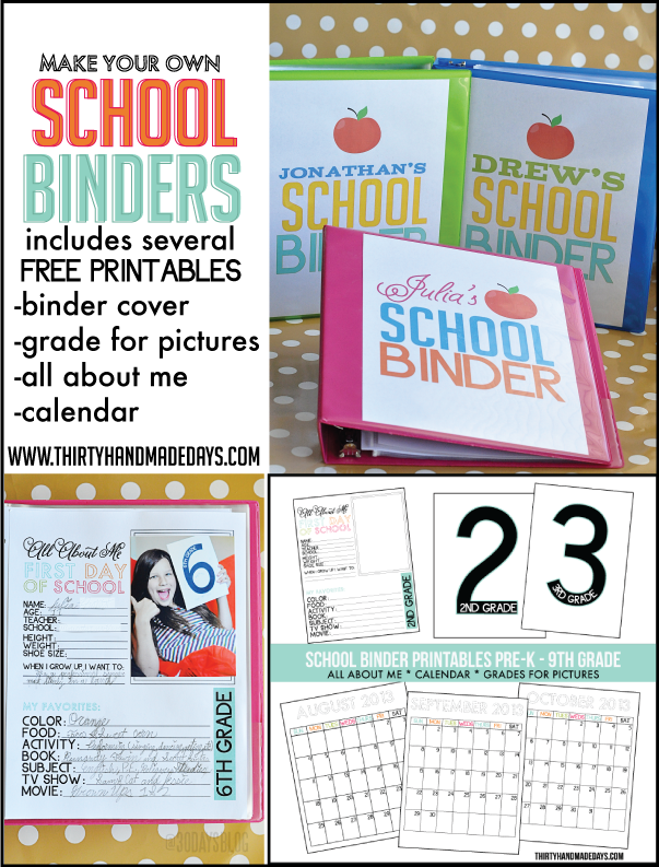 Make Your Own School Binder with several free printables www.thirtyhandmadedays.com