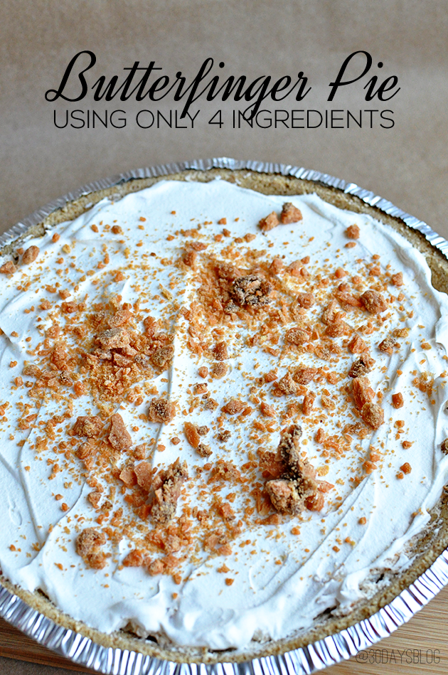 Butterfinger Pie with only 4 ingredients.  The perfect recipe for leftover Halloween candy.  Easy and delicious! www.thirtyhandmadedays.com