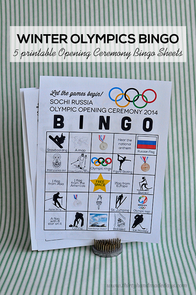 Printable Winter Olympics BINGO- 5 sheets perfect for the Opening Ceremony www.thirtyhandmadedays.com