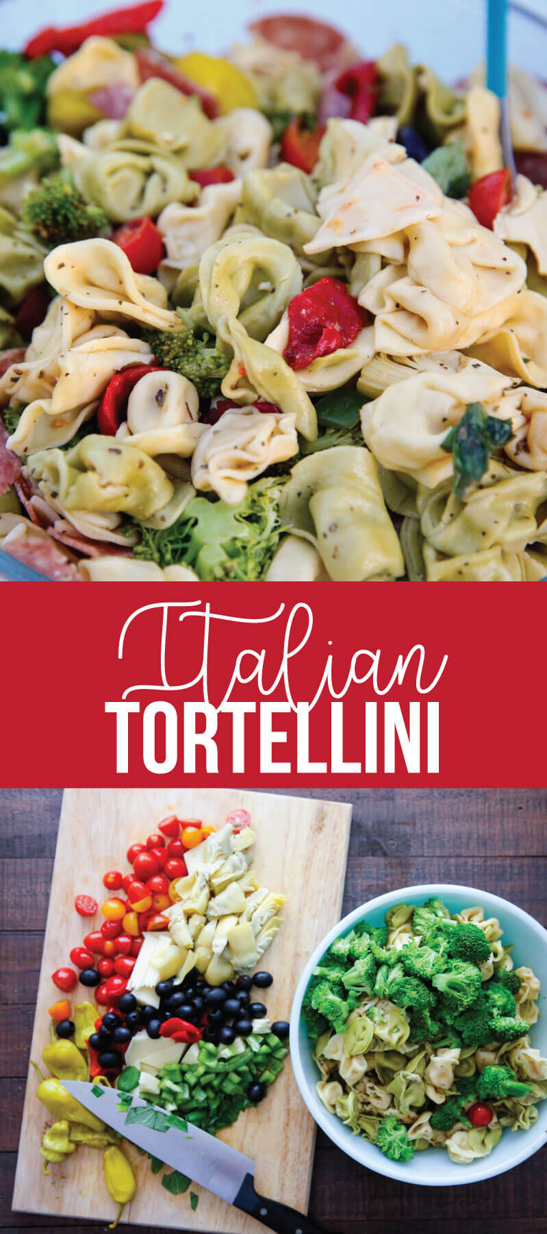 An awesome Italian salad with tortellini, vegetables meats and cheese. This Italian Tortellini Salad will be a huge hit wherever you take it! Perfect potluck dish. www.thirtyhandmadedays.com