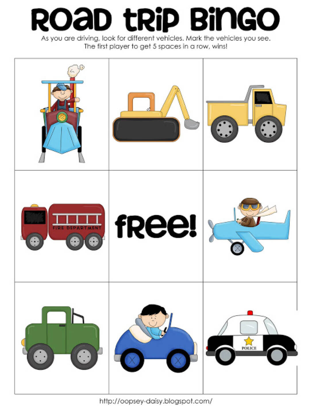 Printable Road Trip BINGO vehicles