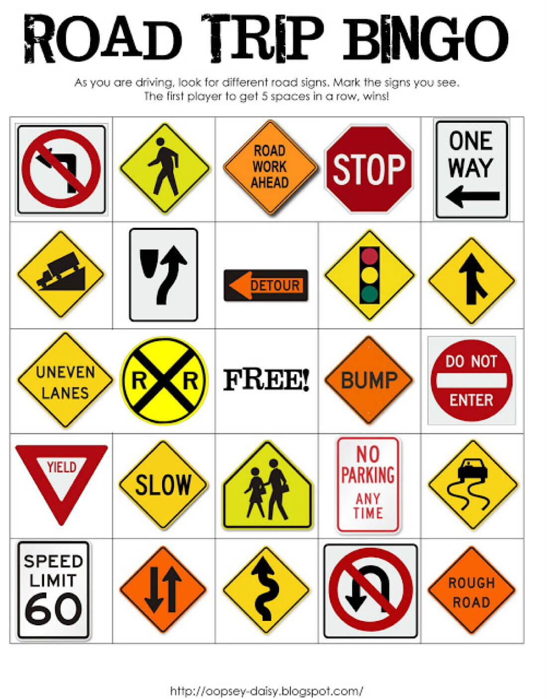 Printable Road Trip BINGO road signs