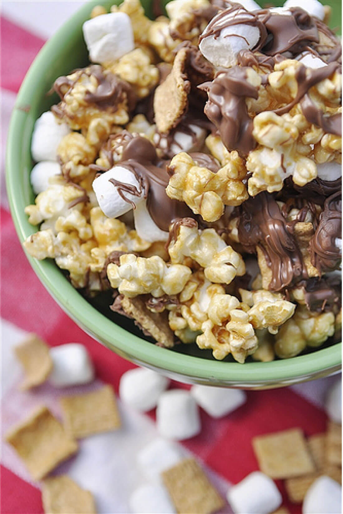 Take traditional Caramel Popcorn to the next level with this S'mores version! Up close