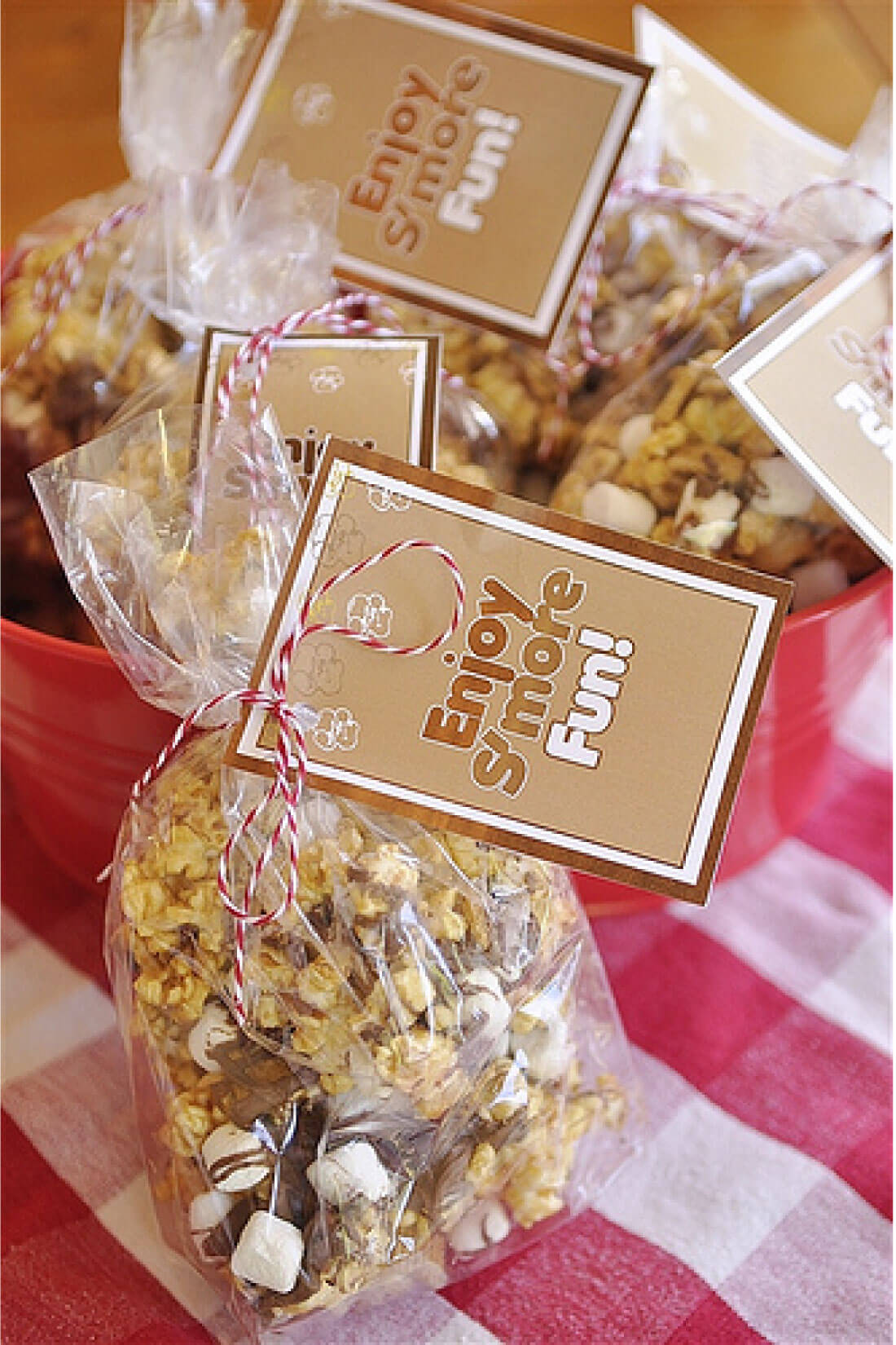 Take traditional Caramel Popcorn to the next level with this S'mores version with cute printable tags.