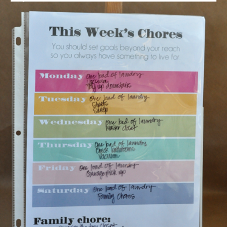 Printable Chore Chart- download, print and slip into protector or laminate. Use a dry erase marker to switch out weekly chores.
