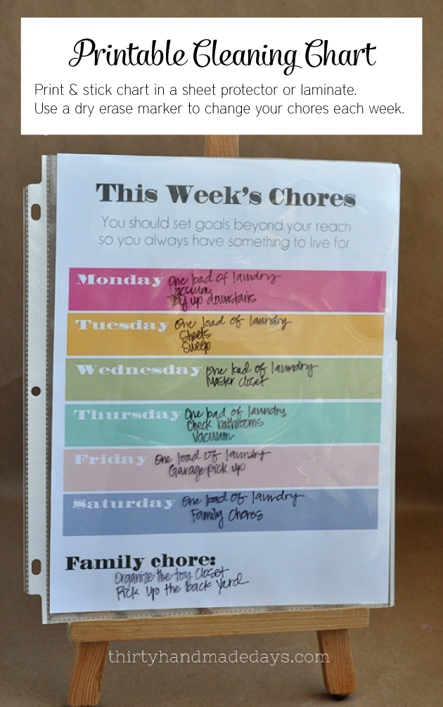 Printable Chore Chart- download, print and slip into protector or laminate. Use a dry erase marker to switch out weekly chores. 