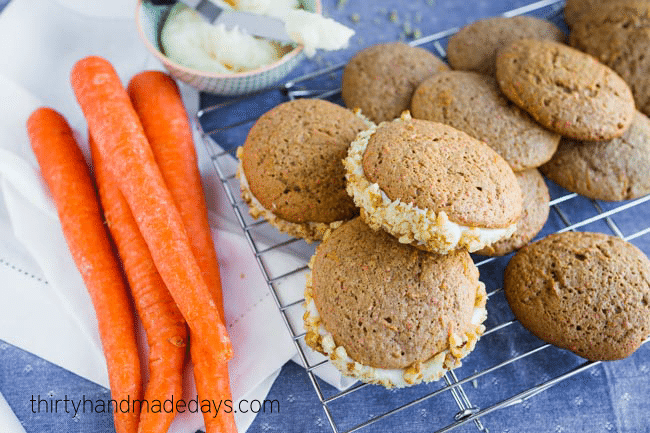 A take on traditional Carrot Cake - make whoopie pies instead! thirtyhandmadedays.com