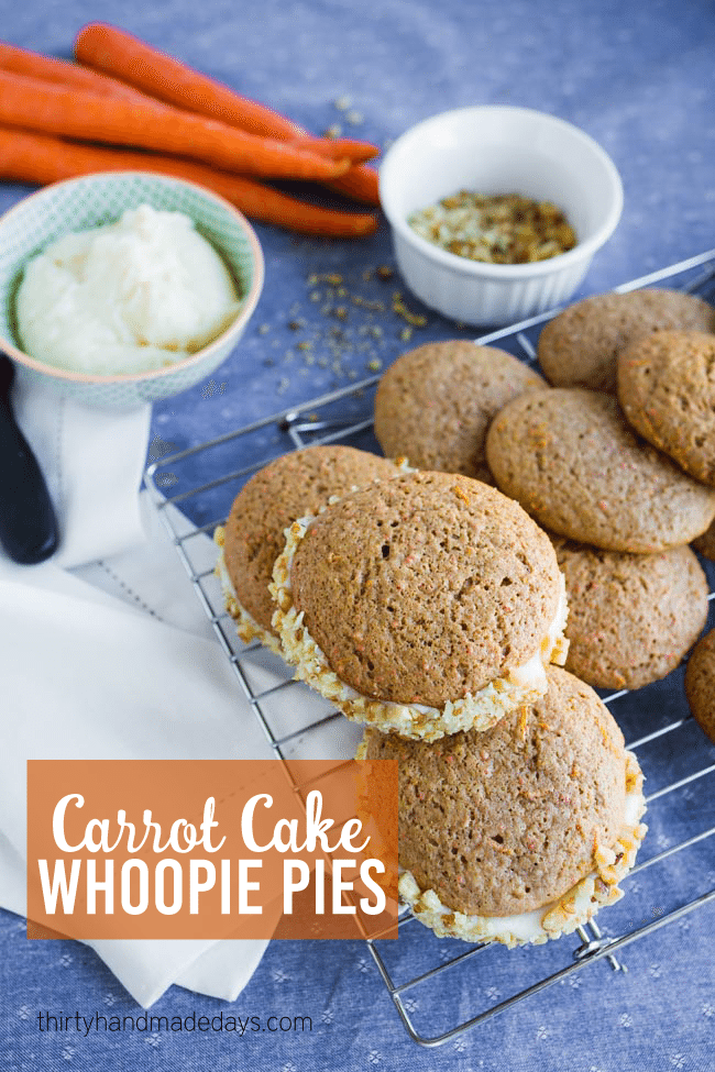 A take on traditional Carrot Cake - make whoopie pies instead! www.thirtyhandmadedays.com