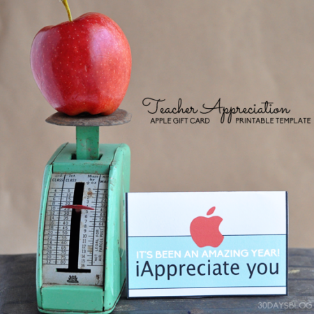Teacher Apple Gift Card Printable Template www.thirtyhandmadedays.com