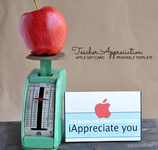 Teacher Apple Gift Card Printable Template www.thirtyhandmadedays.com