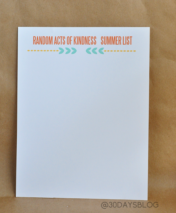 Random Acts of Kindness Summer List Printable www.thirtyhandmadedays.com