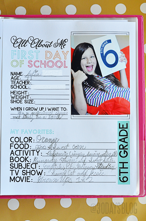 All About Me Printable for School Binder www.thirtyhandmadedays.com