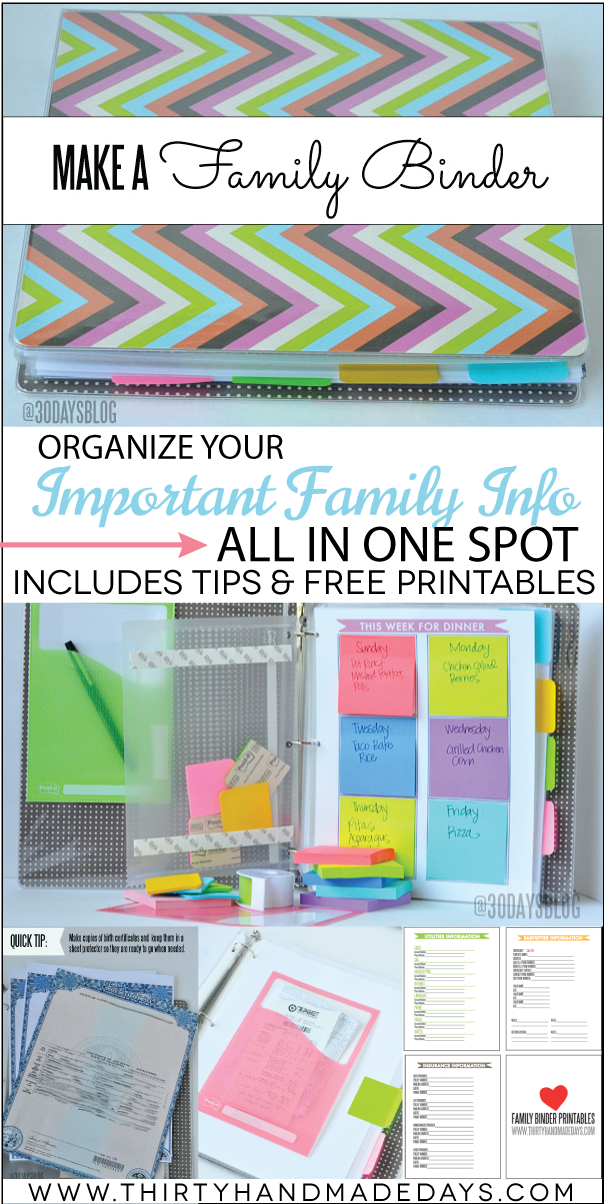 Make a family binder - with printables & tips from www.thirtyhandmadedays.com