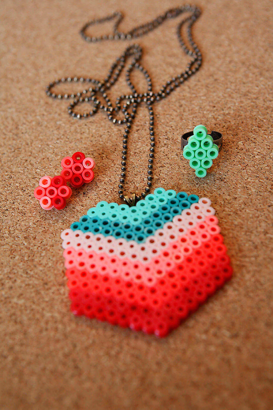 DIY Perler Beads Jewelry - learn how to make your own. Finished jewelry.