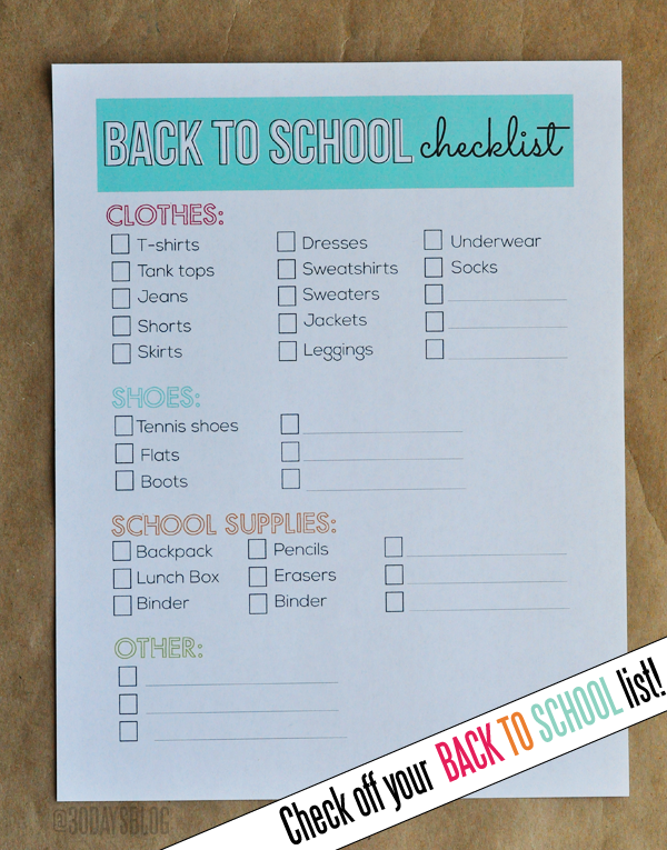 Back to School Printable Checklist www.thirtyhandmadedays.com