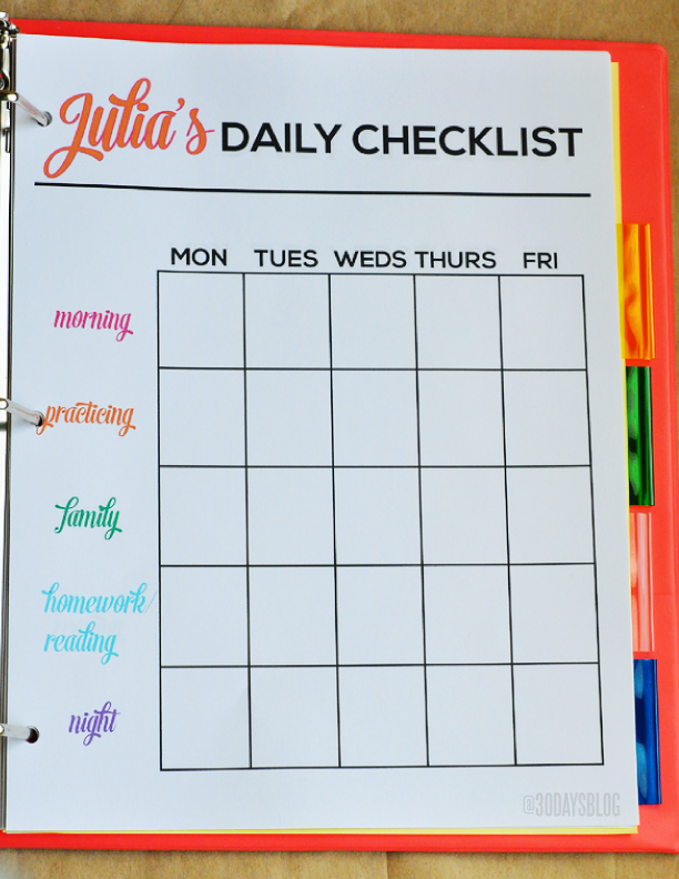 Daily Checklist for Chore Binder www.thirtyhandmadedays.com