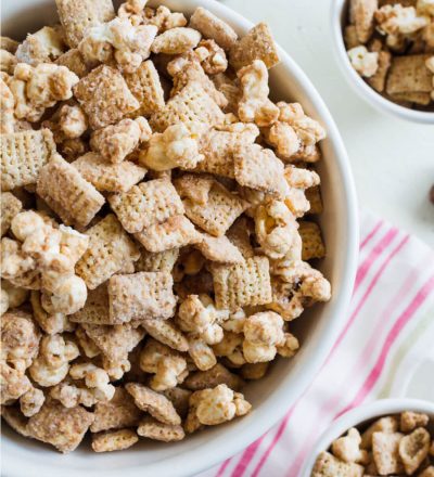 Movie Theater Puppy Chow - a yummy snack that you can use leftover Halloween candy on. www.thirtyhandmadedays.com
