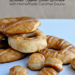 Baked Apple Cider Donuts with Caramel Sauce - make these easy baked donuts using canned biscuits and apple cider mix. Top it with homemade caramel sauce! www.thirtyhandmadedays.com
