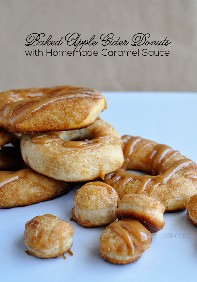 Baked Apple Cider Donuts with Caramel Sauce - make these easy baked donuts using canned biscuits and apple cider mix. Top it with homemade caramel sauce! www.thirtyhandmadedays.com