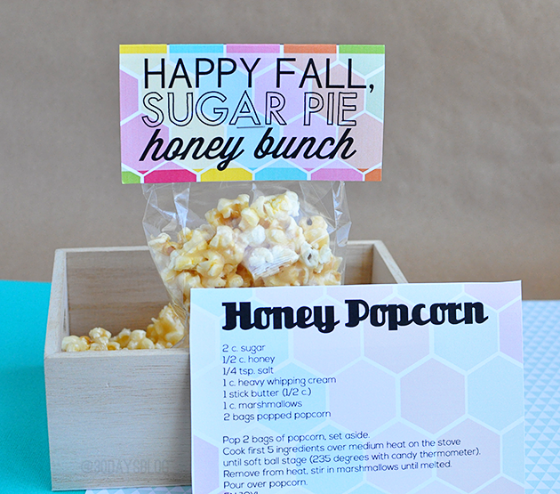 Super cute Fall Printable Pack with Honey Popcorn. Whip up a batch of popcorn & attach these cute printables! from www.thirtyhandmadedays.com