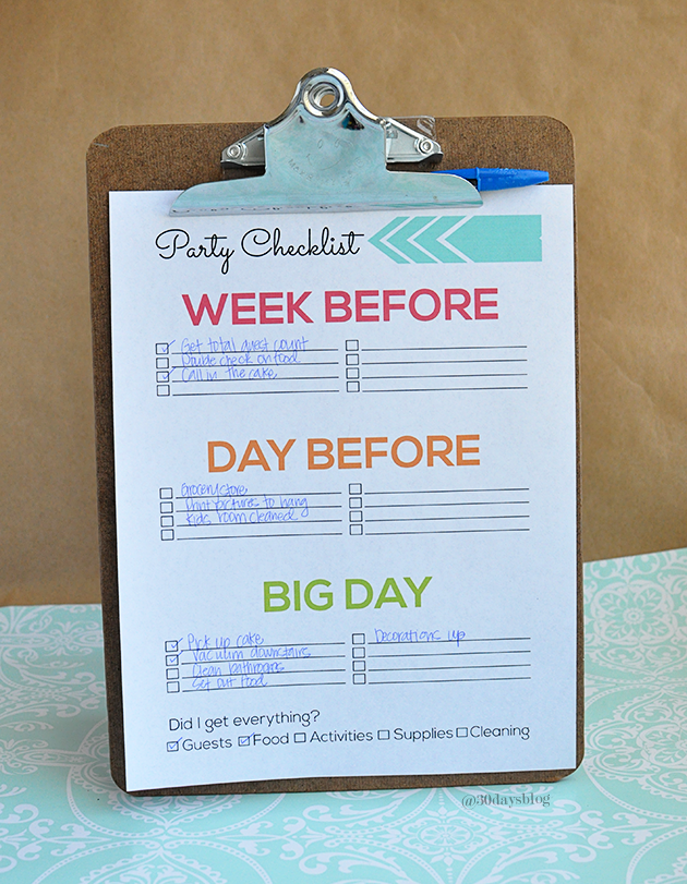 Printable Party Preparation Checklist - super cute and simple to fill out! @30daysblog
