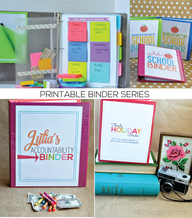 Binder Series from www.thirtyhandmadedays.com  Includes printables for 4 different important binders! Awesome ideas and easy to use. 