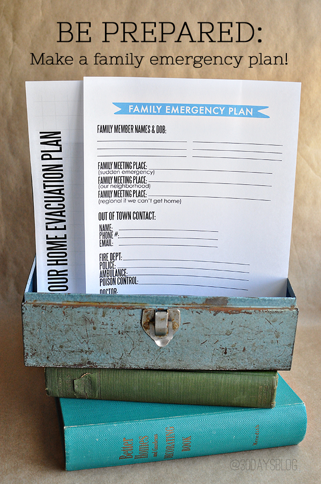 Printable Family Emergency Action Plan - use this printable to prepare your family in case of an emergency. www.thirtyhandmadedays.com