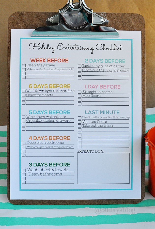 Printable checklist to help reduce stress during the chaos of the holidays and entertaining. www.thirtyhandmadedays.com