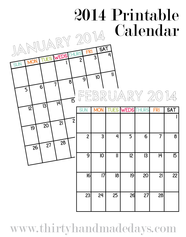 2014 Printable Calendar to go with organizational binders from www.thirtyhandmadedays.com