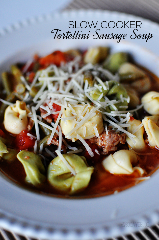 Delicious Slow Cooker Tortellini Sausage Soup - perfect meal for a chilly day www.thirtyhandmadedays.com