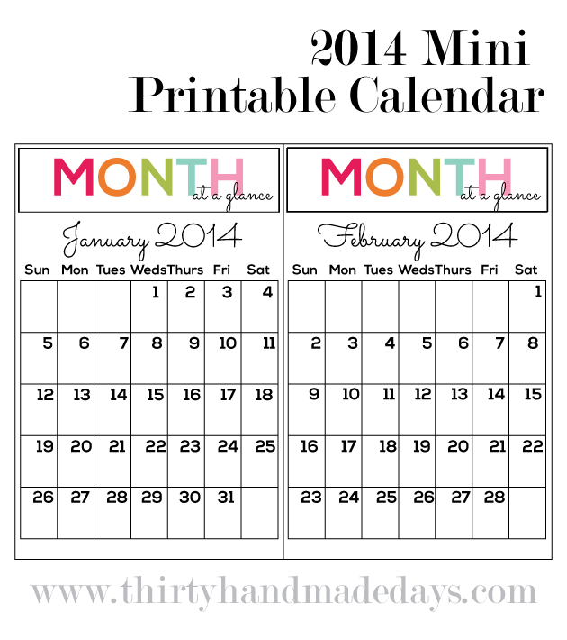 Printable Mini Calendar For 14