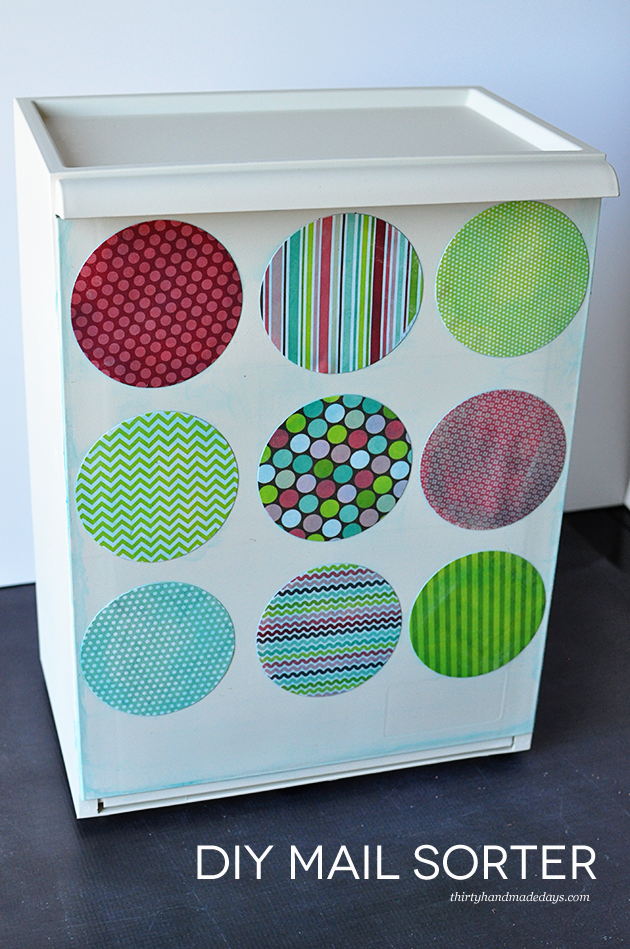 Simple DIY Mail Sorter for Organization using an Ikea box and Mod Podge - www.thirtynandmadedays.com 