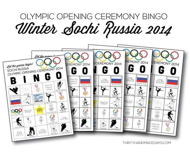 Winter Olympics Opening Ceremony BINGO- 5 printable sheets from www.thirtyhandmadedays.com