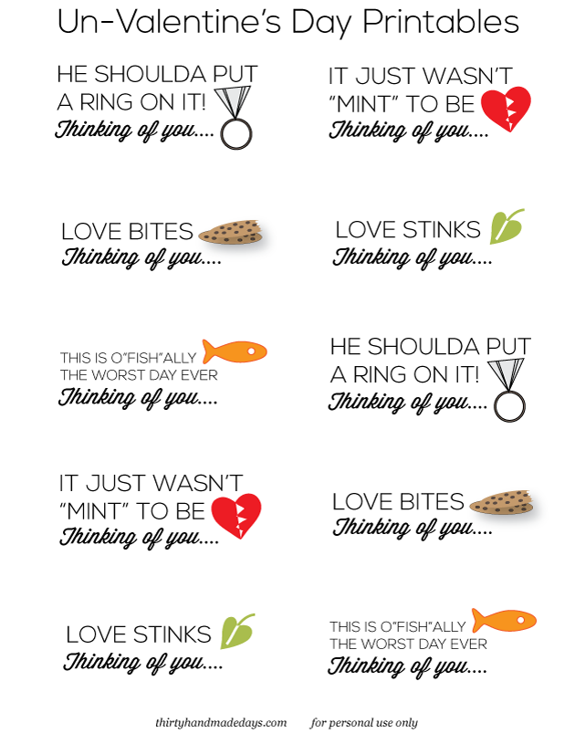 Happy Un-Valentine's Day -  pun related printable labels for those who don't feel like celebrating Valentine's Day www.thirtyhandmadedays.com