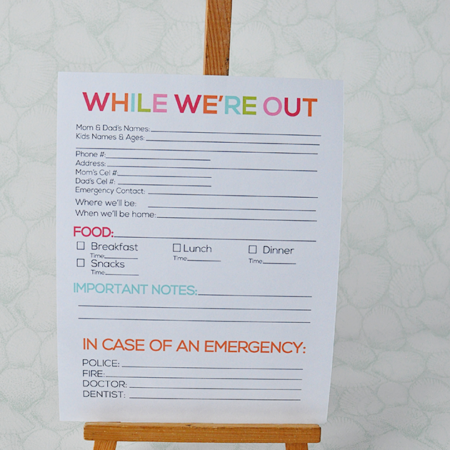 "While we're out" printable babysitter notes from www.thirtyhandmadedays.com