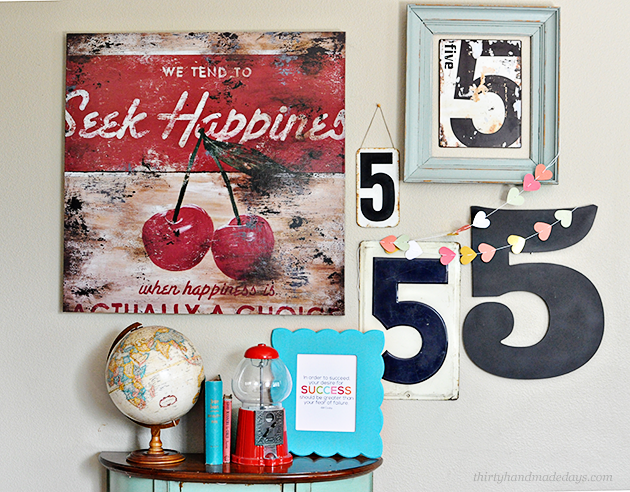 My favorite wall featuring 5's to represent the 5 of us and a fun frame with interchangeable quote frame from Cut It Out www.thirtyhandmadedays.com