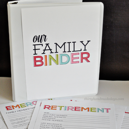 Updated Family Binder Printables- 8 amazing printables to help you create a binder for all of your most important information www.thirtyhandmadedays.com