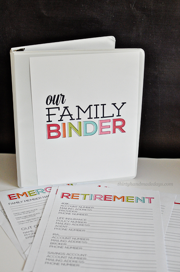 Updated Family Binder Printables- 8 amazing printables to help you create a binder for all of your most important information www.thirtyhandmadedays.com