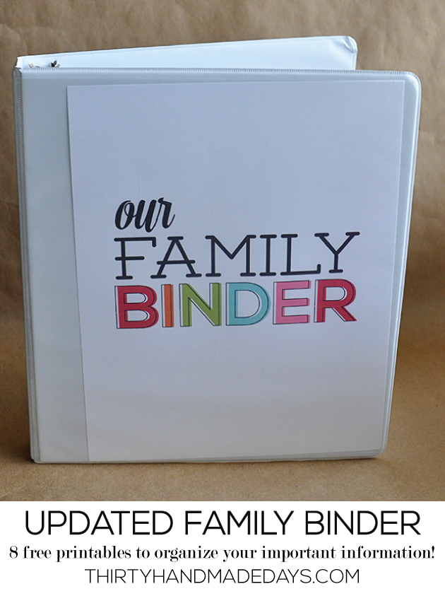 Updated Family Binder Printables- 8 amazing printables to help you create a binder for all of your most important information from www.thirtyhandmadedays.com