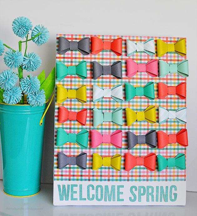 Adorable "Welcome Spring" Bow Canvas- made using the new Cricut Explore.  So easy & fun way to welcome spring! www.thirtyhandmadedays.com