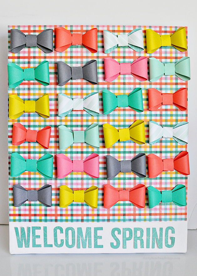 Cute "Welcome Spring" Bow Canvas- made using the new Cricut Explore.  So easy & fun way to welcome spring! www.thirtyhandmadedays.com