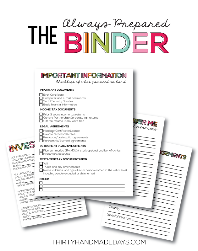 the Always Prepared Binder- printable sheets to be prepared for everything. Can be added to Family Binder with the Budget Binder too. www.thirtyhandmadedays.com 