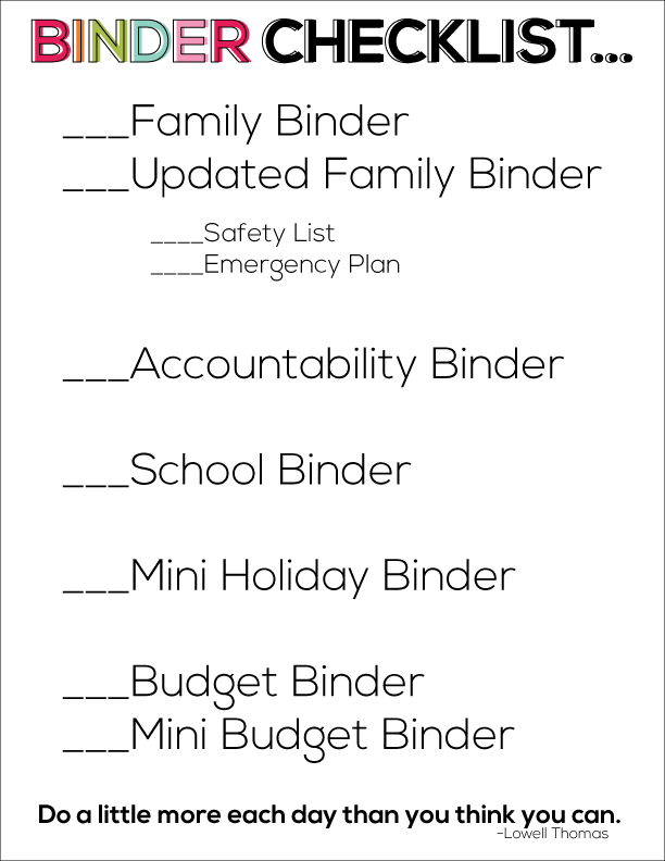 Printable binder checklist- do a little something every day to get organized! www.thirtyhandmadedays.com