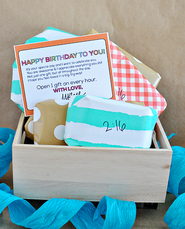 Spoil your loved ones with celebrating their birthday throughout the day.  Open a gift every hour & include cute printable | Thirty Handmade Days 