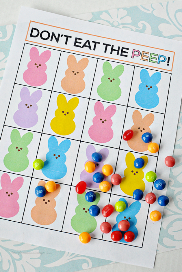 Super fun "Don't Eat the Peep" Easter game. Print out and play with your family! from Thirty Handmade Days