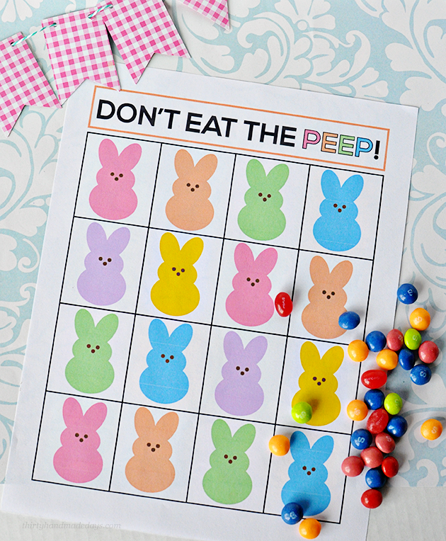 Super fun "Don't Eat the Peep" Easter game. Print out and play with your family! Thirty Handmade Days 