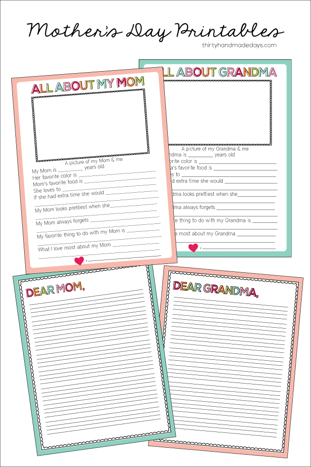 Fun fill in the blank Mother's Day Printable- for both Grandma and Mom | Thirty Handmade Days