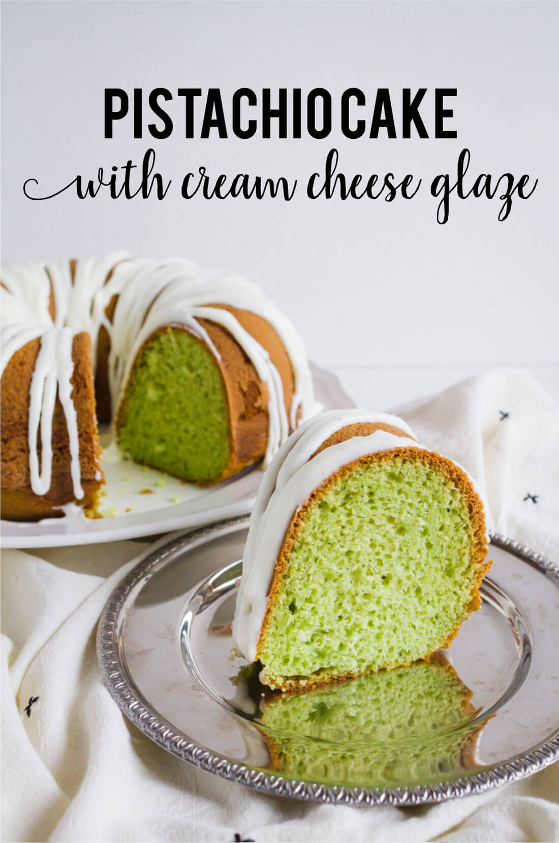 Pistachio Cake with Cream Cheese Glaze - a fun cake recipe for spring. www.thirtyhandmadedays.com