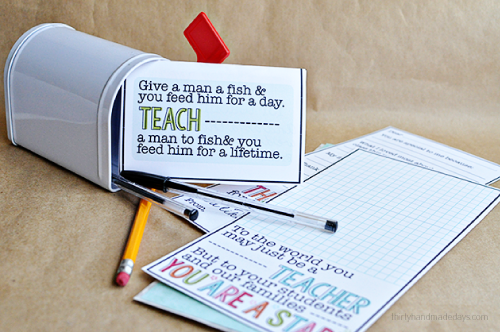 White mailbox with red flag with printed teacher appreciation gift card holder, pens and card to be personalized. Text on cards: Give a man a fish & you feed him for a day. Teach a man to fish & you feed him for a lifetime. To the world you may just be a teacher but to your students and our families you are a star.  -Skip To My Lou