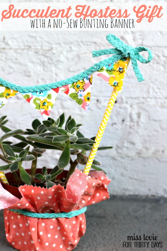 What an easy and inexpensive gift idea! -Succulent Hostess Gift with a No-Sew Bunting Banner- Miss Lovie for Thirty Days